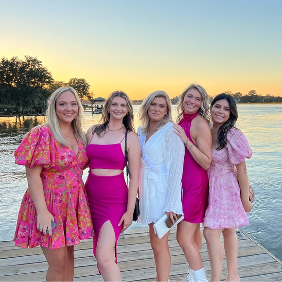 Lulu’s Pink Fuchsia Asymmetrical Cutout Midi Medium Dress Bachelorette 💕 - Picture 5 of 7